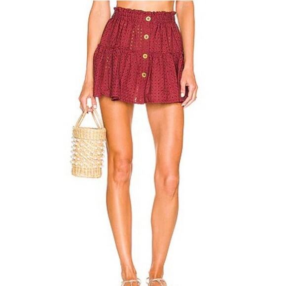 New Eberjey Portola Nellie Brick Red Eyelet Elastic Waist Flounce Mini Skirt M - Picture 1 of 7